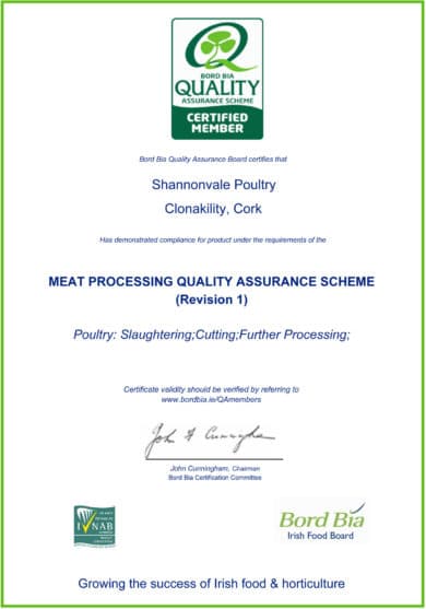 Bord Bia MPQAS Certificate Shannonvale Poultry - Royal Spice Kilkenny