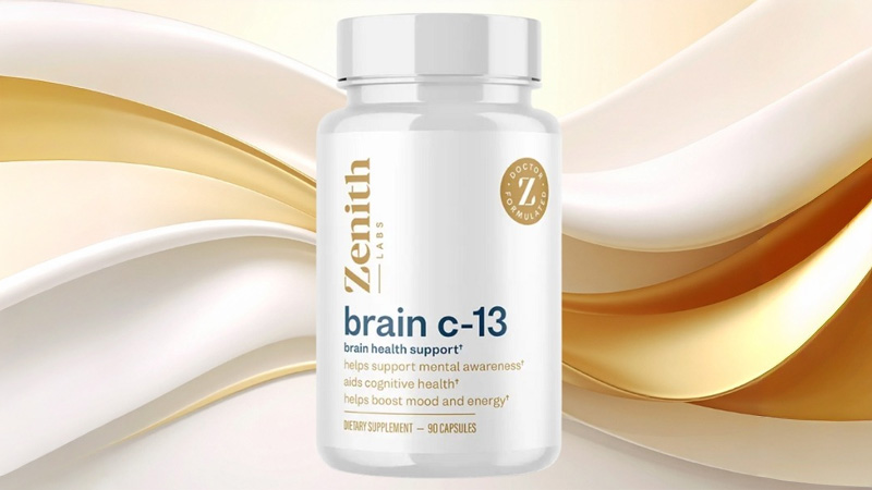 Brain C-13 supplement bottle designed to support focus, memory, and cognitive performance