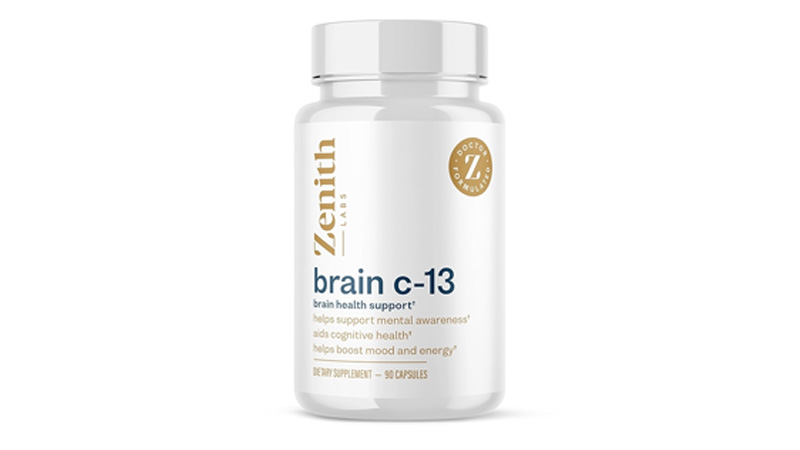 Brain C-13 bottle with label showcasing ingredients aimed at improving mental clarity and focus
