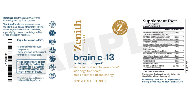 Detailed supplement facts for Brain C-13, highlighting ingredients like Cognizin, Huperzine A, Bacopa Monnieri, and Acetyl-L-Carnitine