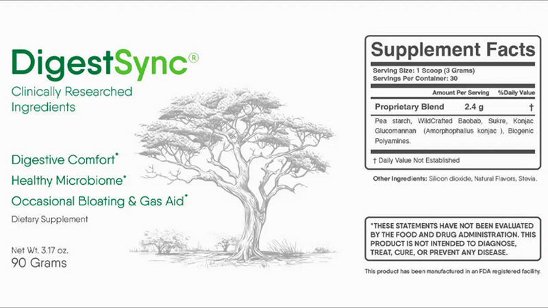 Supplement facts panel of DigestSync, listing the ingredients and their respective dosages.