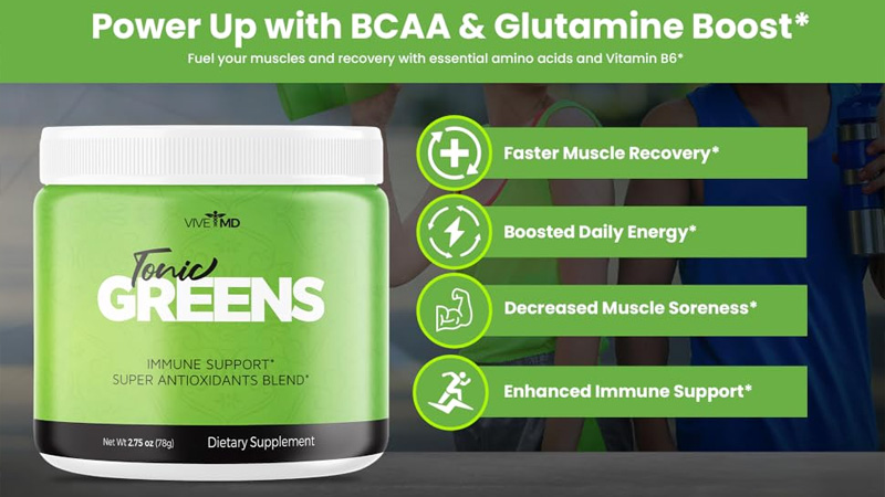 Overview of Tonic Greens ingredients including quercetin, turmeric, and reishi.