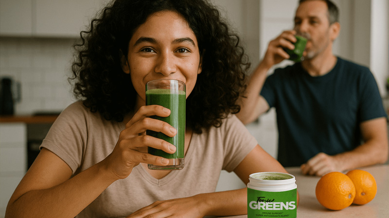 Couple enjoying Tonic Greens as part of a healthy daily routine.